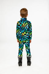 Child wearing the blue checkered Deux par Deux thermal underwear set with black boots, back view