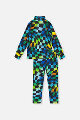 Blue checkered Deux par Deux two piece thermal underwear set, flat lay back view