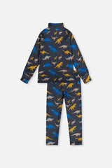 Charcoal grey dinosaur print thermal underwear set from Deux par Deux laid flat, back view