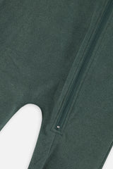 Close-up of the sage green brushed fabric and matching zipper on the baby one-piece