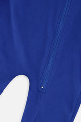 Close-up of the royal blue zipper running down to the leg of the one-piece thermal underwear