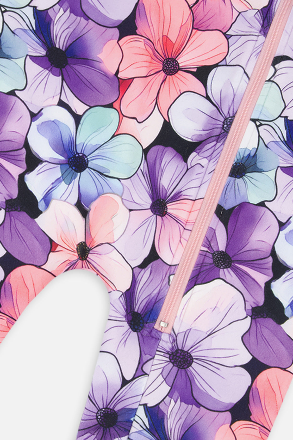 Close-up of the purple, pink and aqua flowers and the pink front zipper