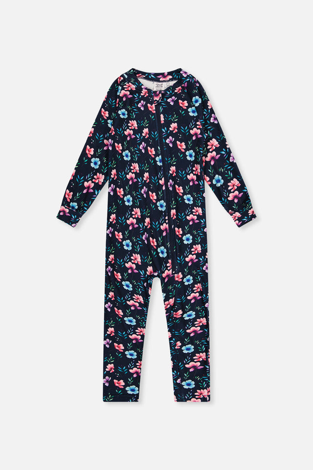 One Piece Thermal Underwear Blue Floral Print-0