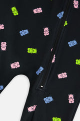 Close-up of the front zipper and colourful gummy bear print on the black Deux par Deux one piece thermal underwear