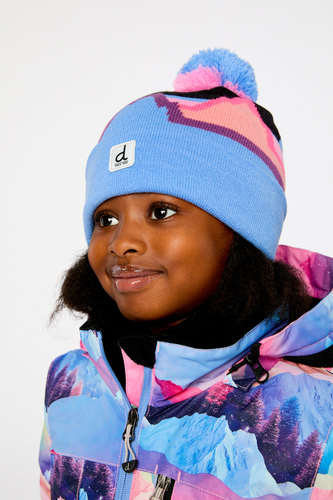 Winter Knit Hat With Pompom Black Printed Mountains-1