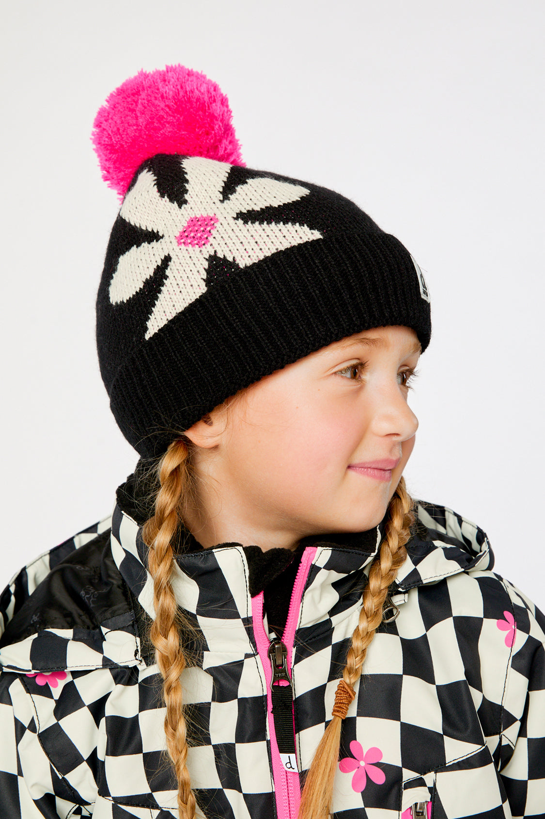 Winter Knit Hat With Pompom Black, White And Pink-1