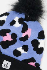 Winter Knit Hat With Pompom Blue Leopard Print-3