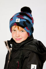 Winter Knit Hat With Pompom Blue And Red Camouflage-1