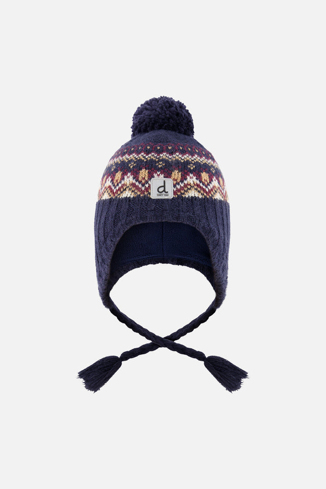 Baby Winter Peruvian Knit Hat With Pompom Blue And Red Jacquard-0