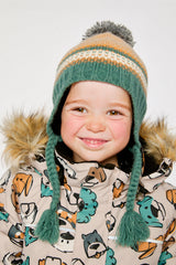 Winter Peruvian Knit Hat With Pompom Beige And Green Jacquard-1