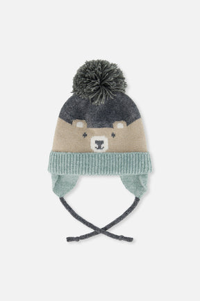 Baby Winter Knit Hat With Teddy Bear Face And Ears Beige And Turquoise-0