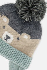 Winter Knit Hat With Teddy Bear Face And Ears Beige And Turquoise-3