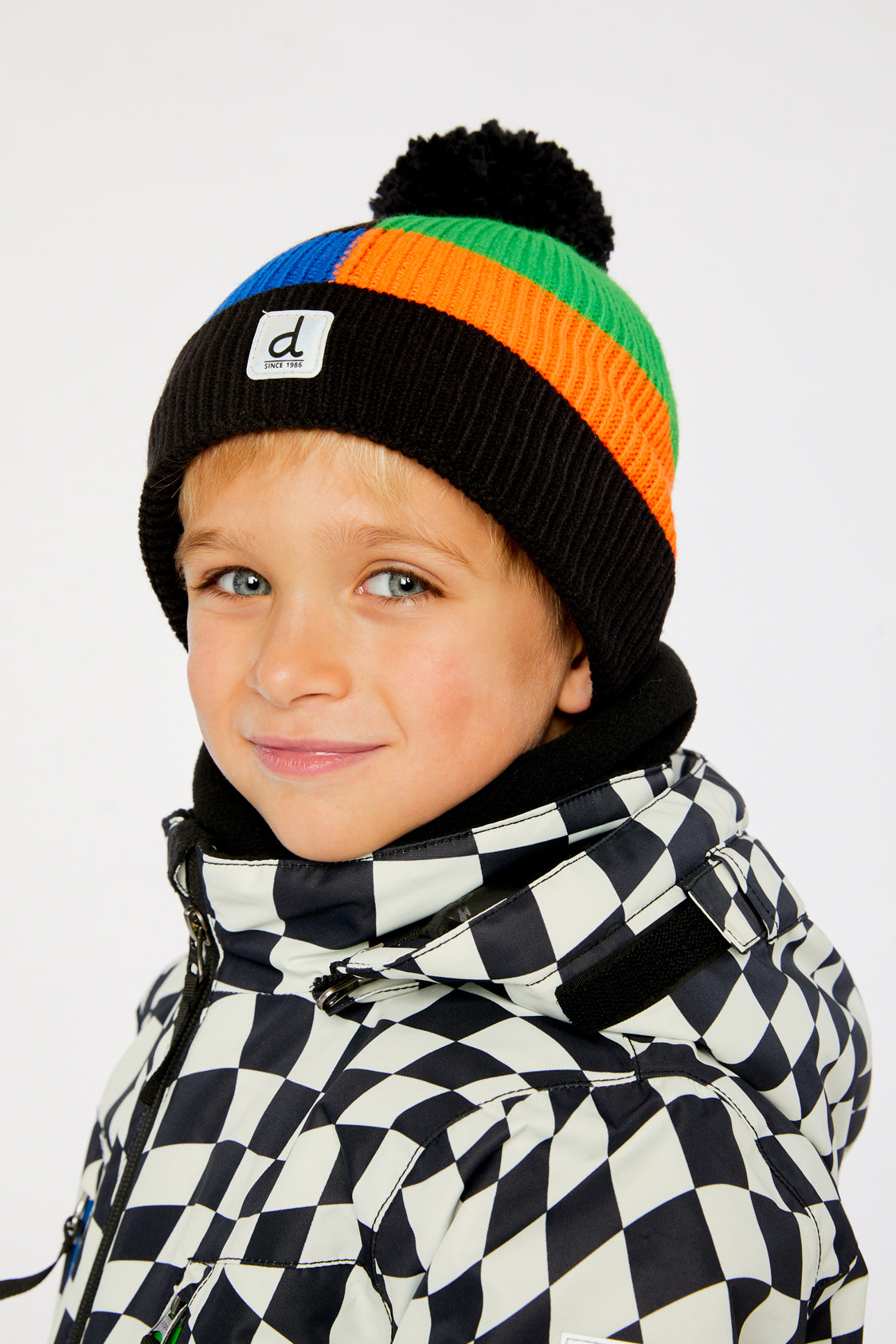 Winter Knit Hat With Pompom Black, Blue, Green And Orange Tiles-1