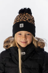 Deux par Deux Winter Knit Hat With Pompom Brown Leopard Print