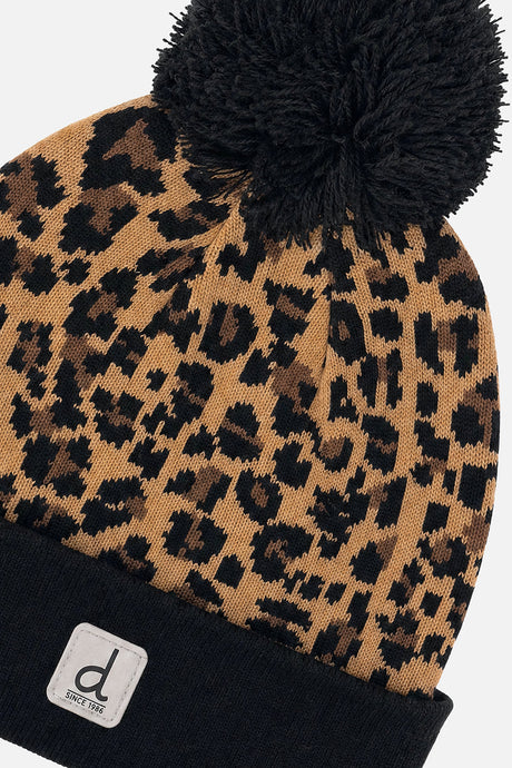 Deux par Deux Winter Knit Hat With Pompom Brown Leopard Print