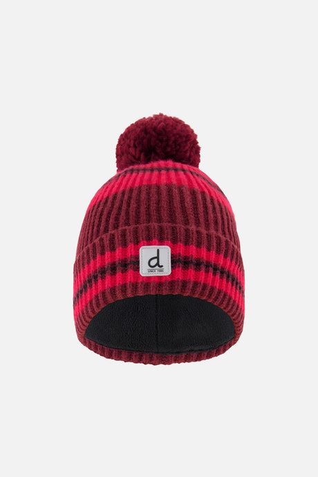 Deux par Deux boys' burgundy striped pompom hat – front view