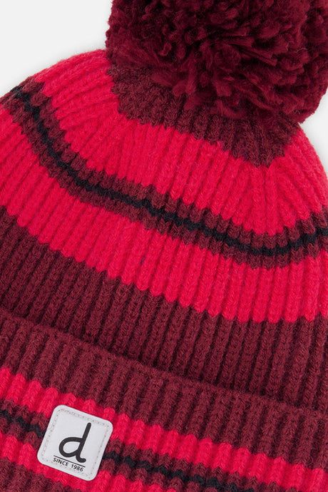 Deux par Deux boys' burgundy striped pompom hat – alternate view
