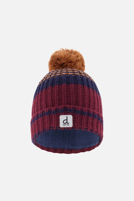 Deux par Deux boys' striped jacquard pompom hat in burgundy and brown – front view