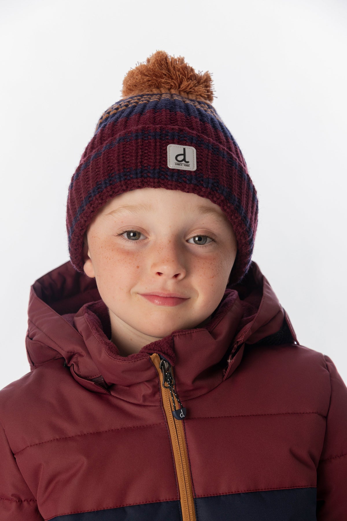 Winter Knit Hat With Pompom Burgundy And Brown-1