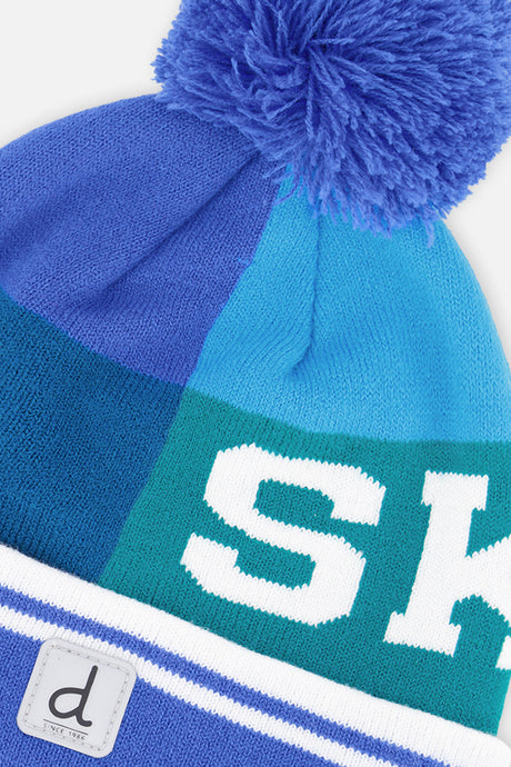 Deux par Deux boys' ski-lettering pompom hat in dark blue and turquoise – alternate view