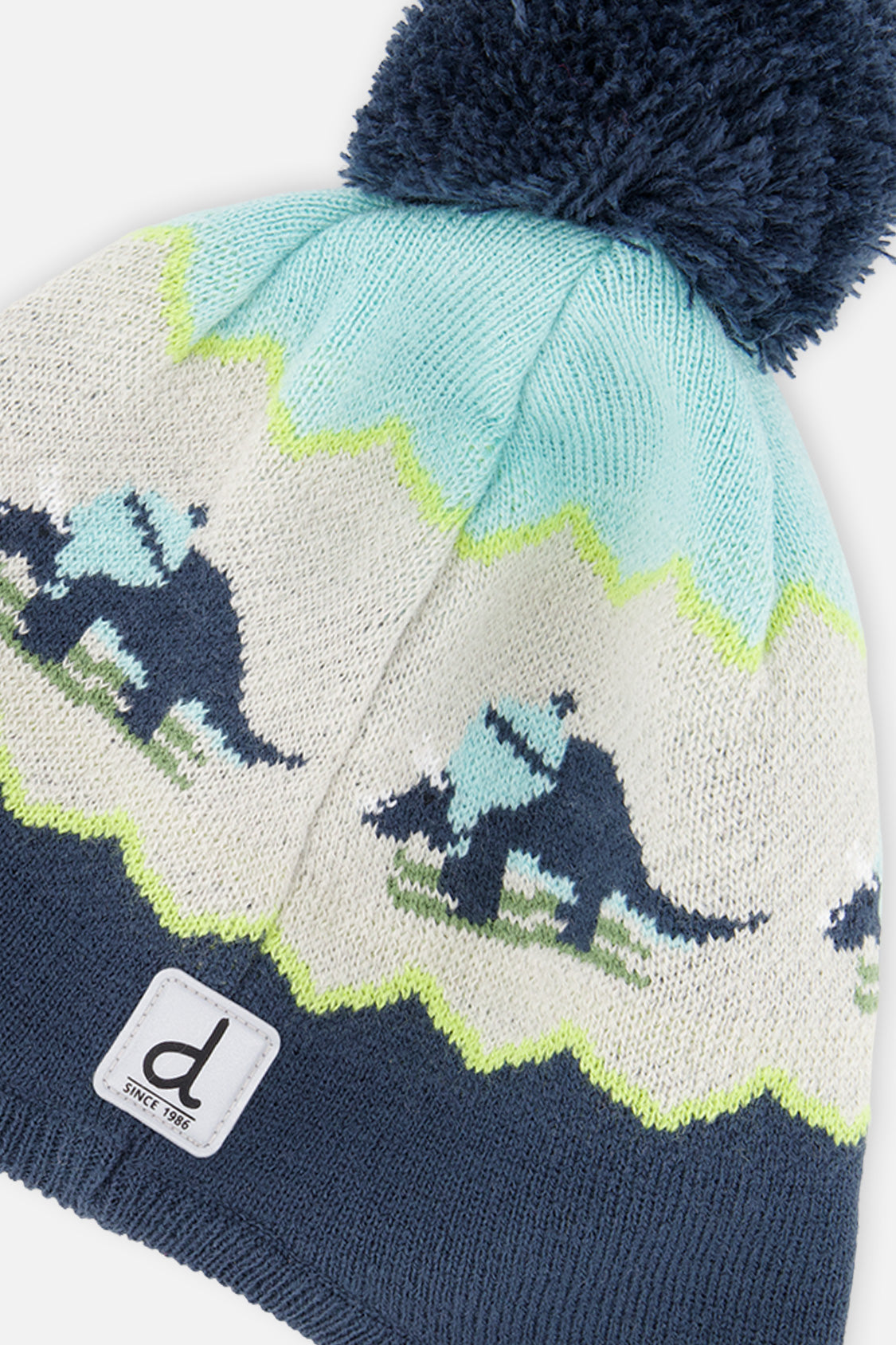 Winter Peruvian Dino Knit Hat With Pompom Dark Turquoise-3