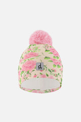 Winter Knit Hat With Pompom Beige Vintage Rose Print-0