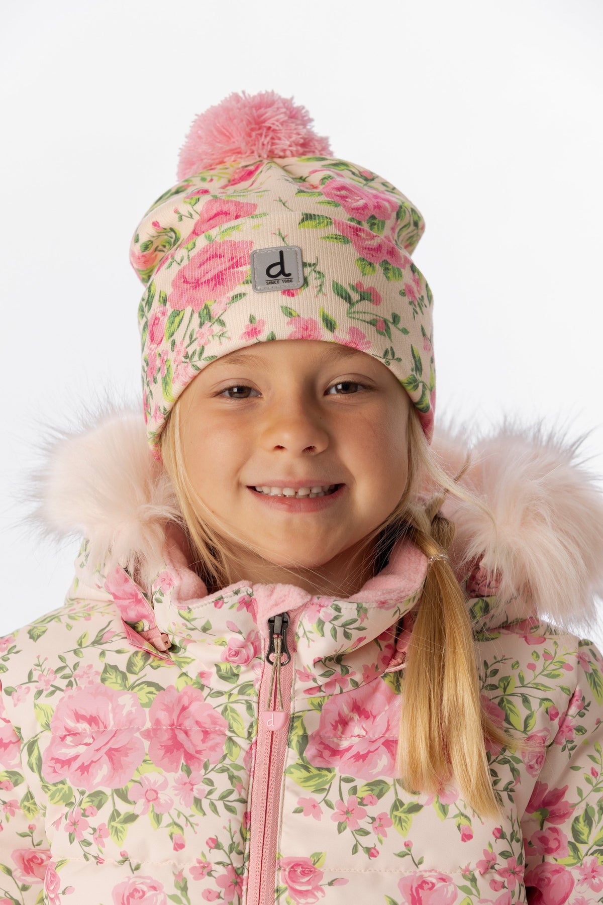 Winter Knit Hat With Pompom Beige Vintage Rose Print-1