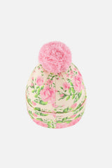 Winter Knit Hat With Pompom Beige Vintage Rose Print-2