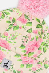 Winter Knit Hat With Pompom Beige Vintage Rose Print-3