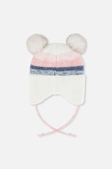 Baby Winter Knit Hat With Ear Flaps And Pompoms Off-White, Pink And Blue-2