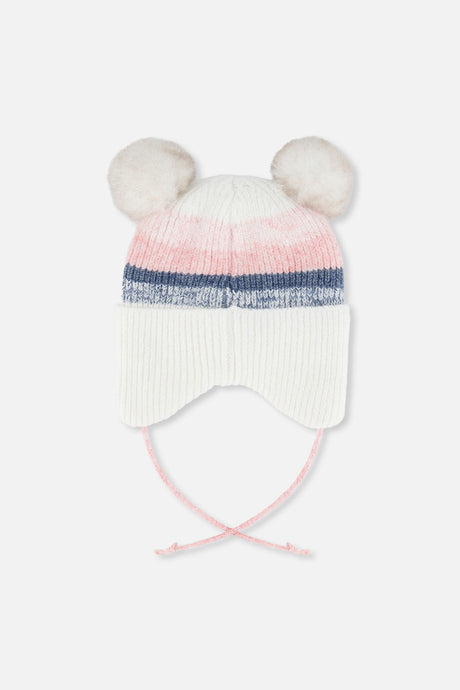 Baby Winter Knit Hat With Ear Flaps And Pompoms Off-White, Pink And Blue-2