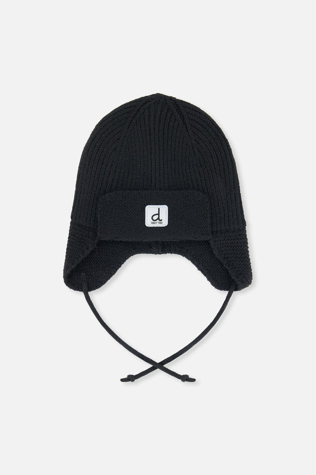 Baby Winter Knit Hat With Ear Flaps And Strings Noir-0