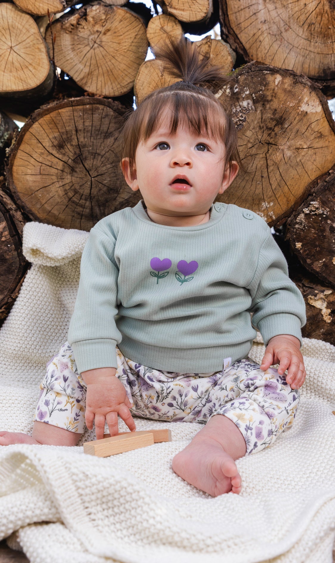 Organic Cotton Pants And Top Set Green And Beige Heart Print-1