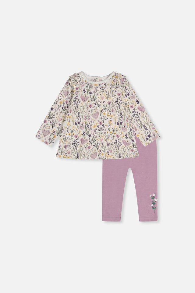Organic Cotton Pant And Top Set Beige With Heart Print-0