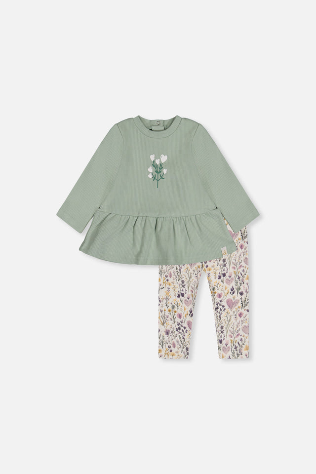 Organic Cotton Peplum Tunic And Legging Set Green And Beige Heart Print-0