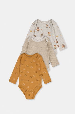 Three Pack Organic Cotton Onesie Brown Printed Hedgehogs-0
