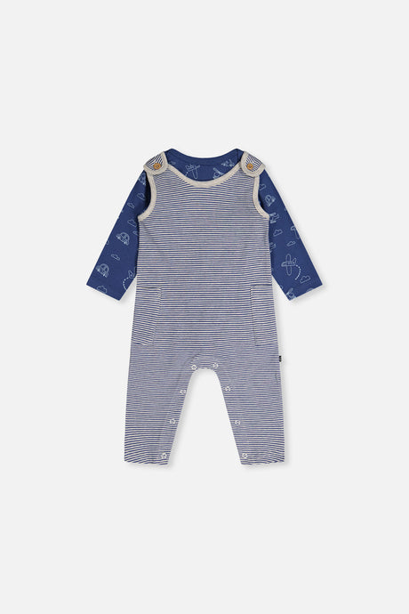 Organic Cotton Onesie With Overalls Set Blue Printed Transportation-0