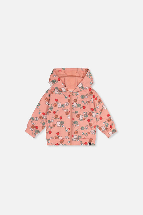 Baby French Terry Hooded Cardigan Pink Cat Print-0