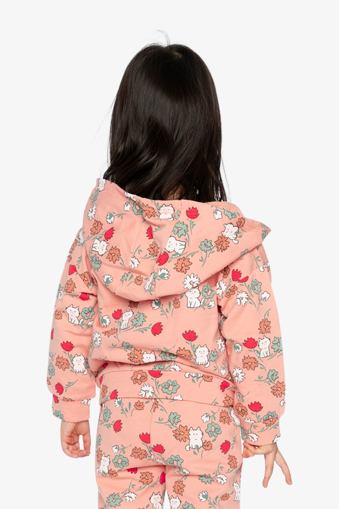 Deux par Deux French Terry Hooded Cardigan Pink Cat Print