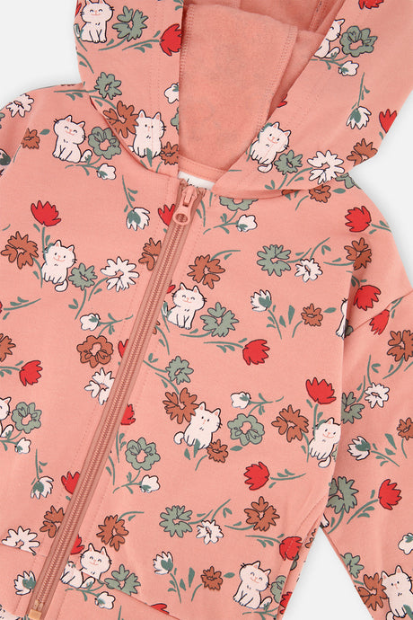 Deux par Deux French Terry Hooded Cardigan Pink Cat Print