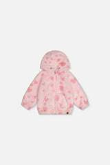 Baby Hooded Full Zip Faux Fur Jacket Pink Printed With Hearts-0