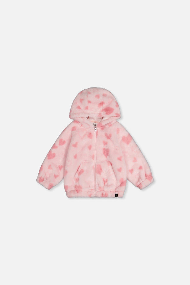 Baby Hooded Full Zip Faux Fur Jacket Pink Printed With Hearts-0