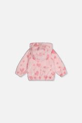 Baby Hooded Full Zip Faux Fur Jacket Pink Printed With Hearts-1