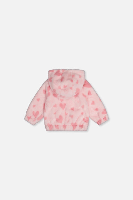 Baby Hooded Full Zip Faux Fur Jacket Pink Printed With Hearts-1