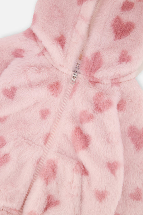 Baby Hooded Full Zip Faux Fur Jacket Pink Printed With Hearts-2