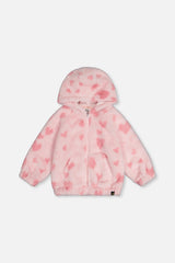 Hooded Full Zip Faux Fur Jacket Pink Printed With Hearts-0