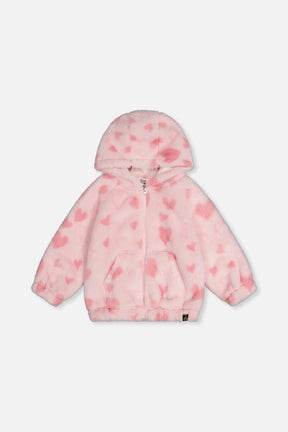 Hooded Full Zip Faux Fur Jacket Pink Printed With Hearts-0