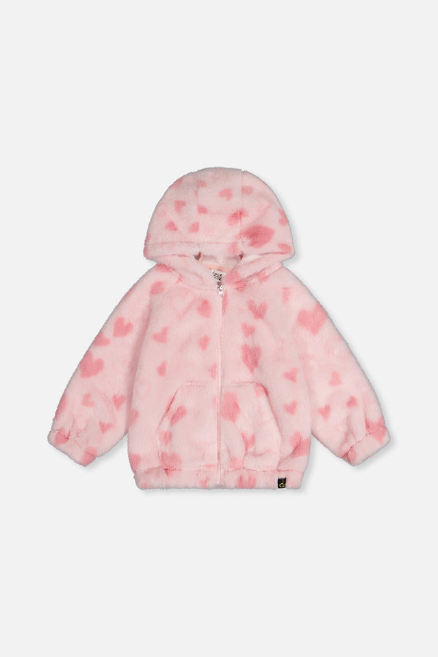 Hooded Full Zip Faux Fur Jacket Pink Printed With Hearts-0