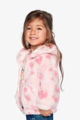 Hooded Full Zip Faux Fur Jacket Pink Printed With Hearts-4
