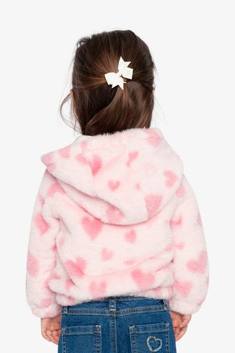 Deux par Deux Hooded Full Zip Faux Fur Jacket Pink Printed With Hearts